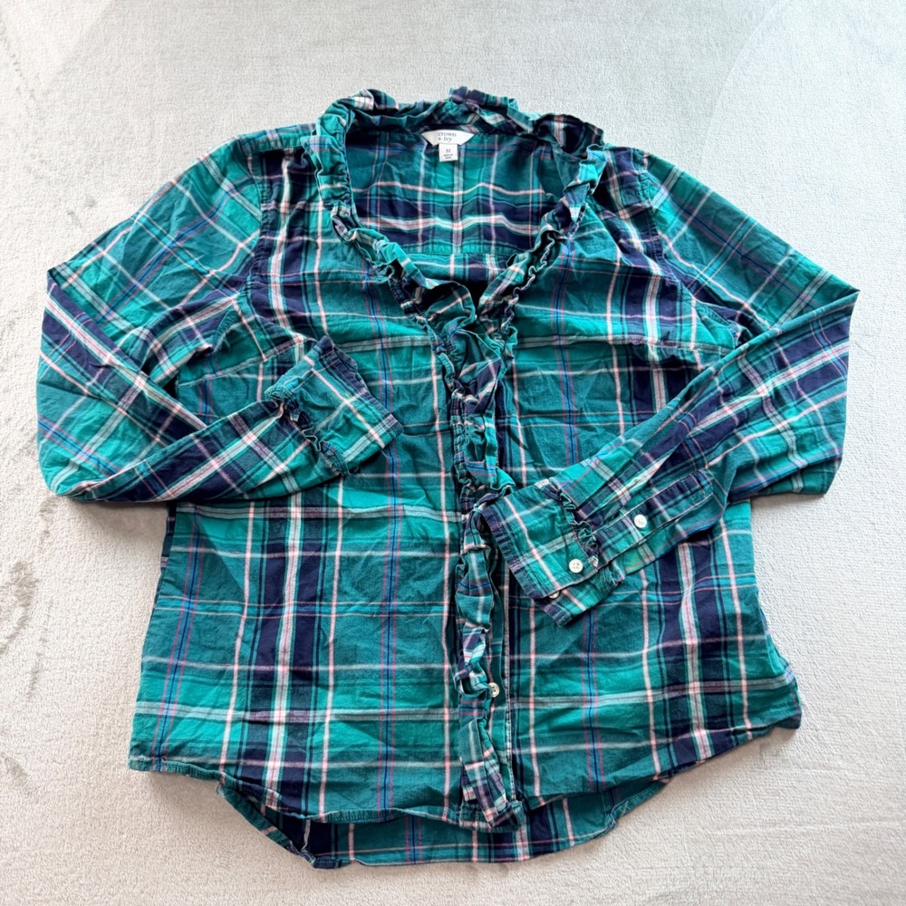 Crown & Ivy Women's Medium Ruffle Front Plaid Button Down Top Green Navy Pink